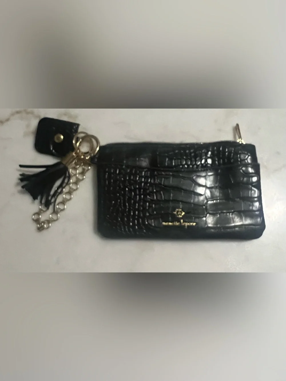 Nanette Lepore Black Patent Leather Croc Embossed Wristlet Gold Chain Accents